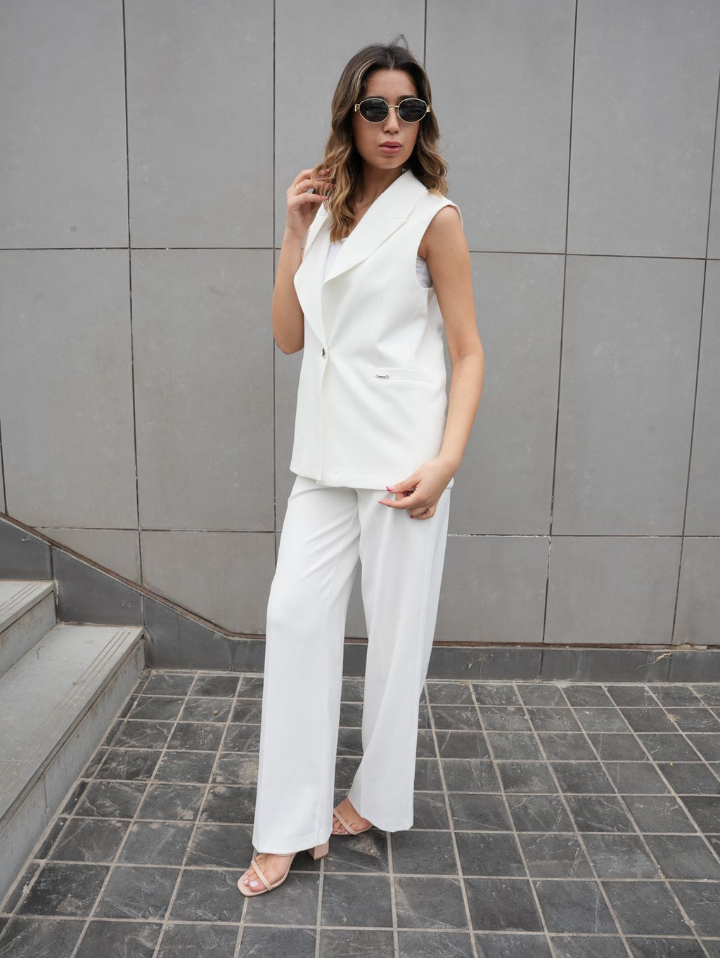 Classic White Vest Set with Silver Details