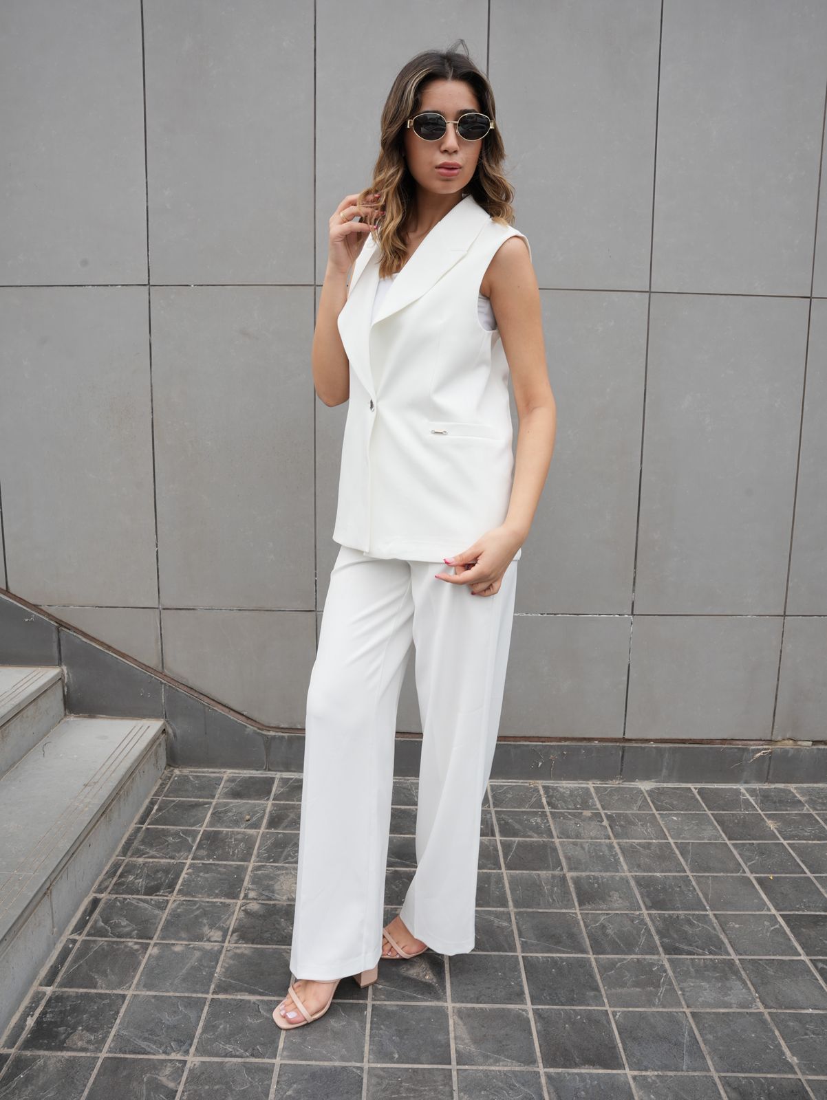 Classic White Vest Set with Silver Details
