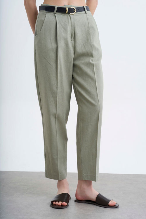 Belted Linen Ankled Trouser